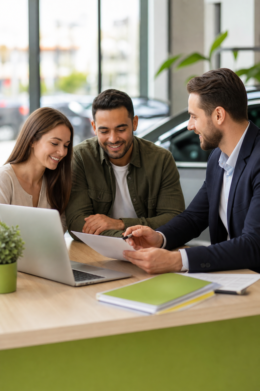 A credit specialist guiding a couple through the vehicle approval process